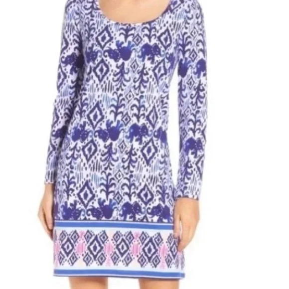 Lilly Pulitzer Ocean Ridge Dress  "Tons of Fun" Elephant Print Blue and White - Picture 2 of 14